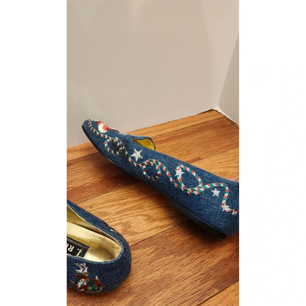 J Renee Santa Holiday Ballet Flats Women's 7 M‎ Blue Embroidered Slip On Vintage
